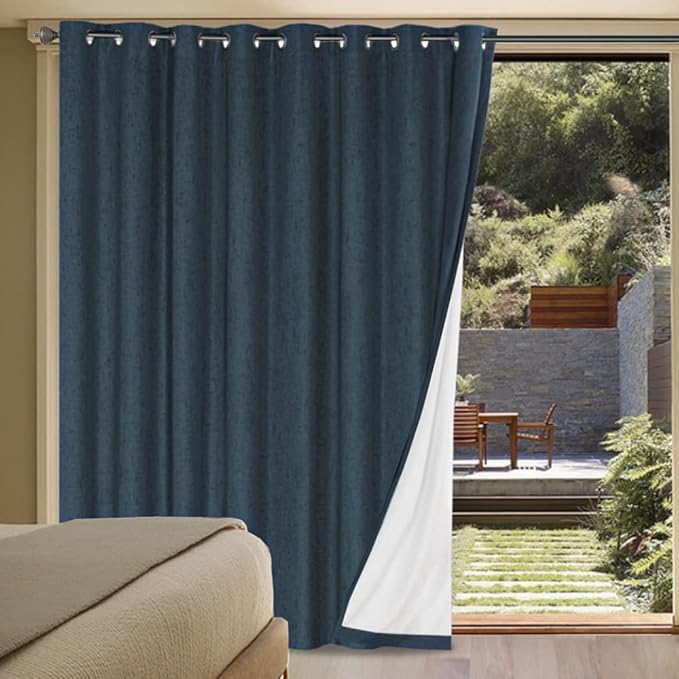 H.VERSAILTEX Linen Blackout Curtains Durable Thick Textured Linen Look 100% Blackout Patio Door Curtain Anti Rust Grommet Extra Wide Sliding Door Curtain Panel, W100 x L96 inch - Navy