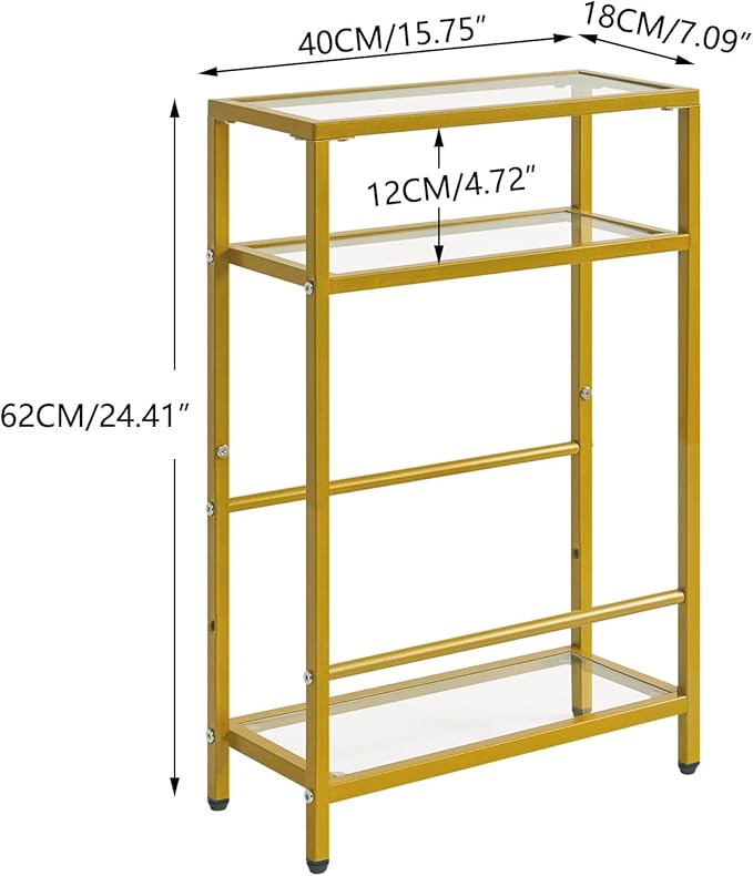 IBUYKE Glass End Table for Small Space, Narrow Side Tables with Storage Shelf, Bedside Table Slim Nightstand with Magazine Holder, for Living Room Home Office, Clear Gold UTMZ002G