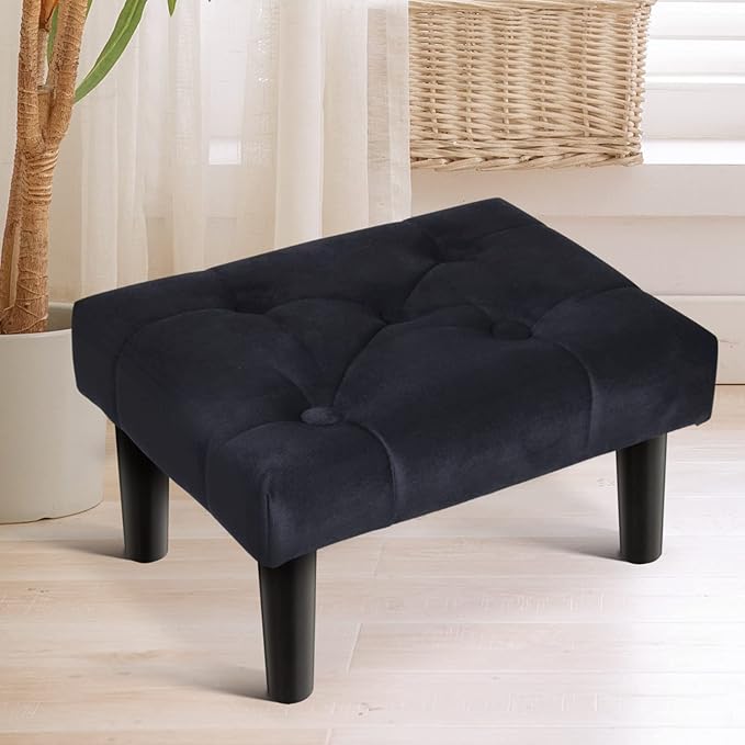 HOUCHICS Small Footstool Ottoman,Velvet Soft Footrest Ottoman with Wood Legs,Sofa Footrest Extra Seating for Living Room Entryway Office(Black 1PACK)