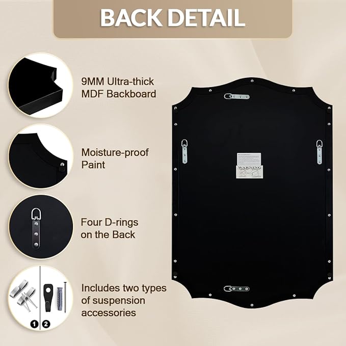 Black Wall Mirror, 24x36 Scalloped Mirror for Bathroom, Anti-Rust Metal Frame Vanity Mirrors for Living Room, Bedroom, Fireplace
