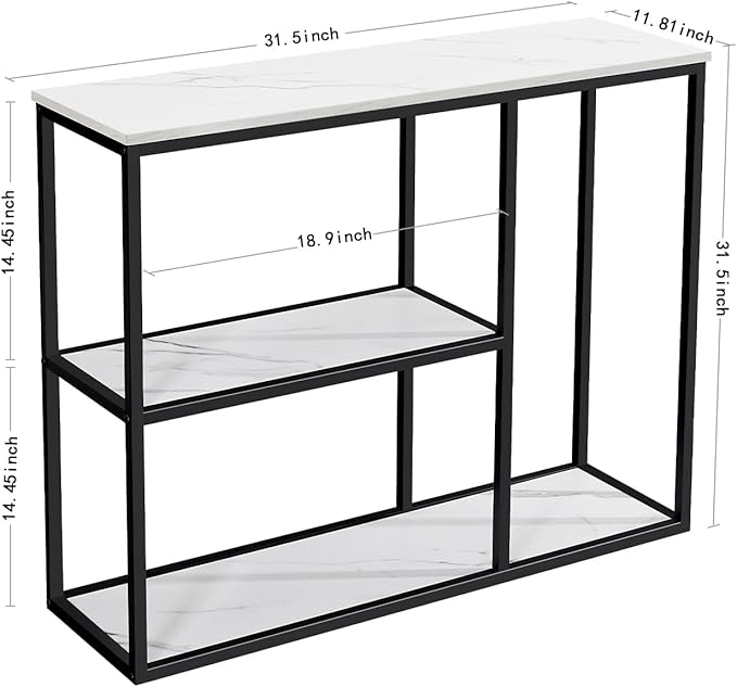 WOHOMO Console Table, 12 Inch Narrow Entryway Table for Living Room, 31.5 Inch Modern Industrial Sofa Table with 3-Tier Storage Shelves for Corridor, Hallway, White Marble