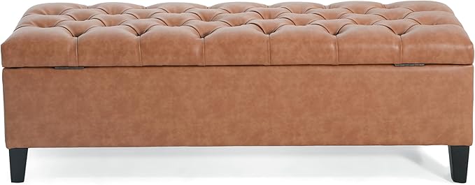 Christopher Knight Home Ottilie PU Leather Storage Ottoman Bench, Wooden Rectangular Ottoman with Storage, Bedroom End of Bed Foot Stool, Entryway Ottoman Footrest, Living Room Extra Seat, Brown