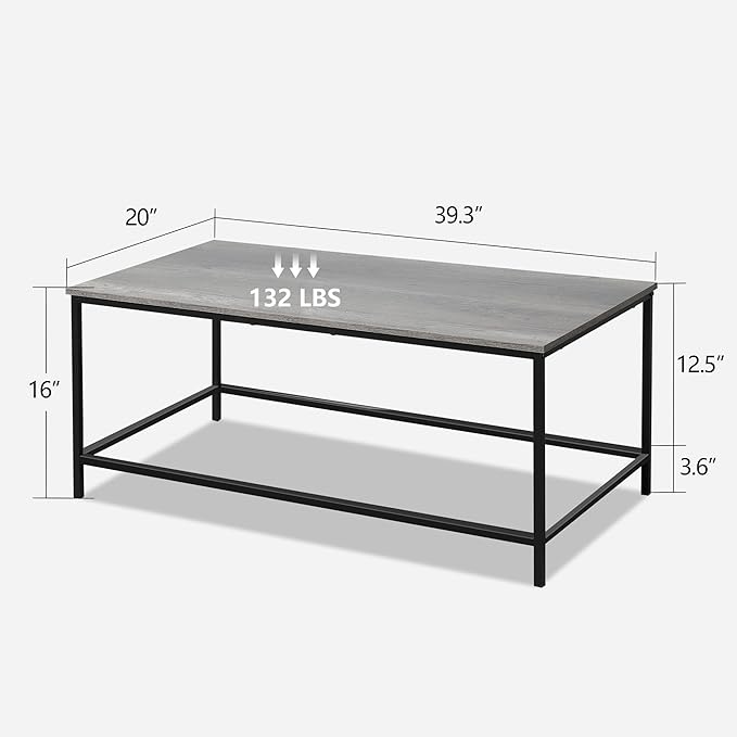 SENIG Modern Industrial Style Rectangular Coffee Table, Grey Wood and Sturdy Metal Side End Table, Rustic Accent Functional Coffee Table for Living Room. 39.3 x 20 x 16