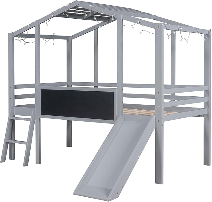 Ball & Cast Twin Size House Loft Bed with Ladder and Slide,Wood Bunkbed w/Blackboard and Light Strip on The Roof,Slat Support,Space Saving,Bedroom Furniture for Student Dorms,Gray