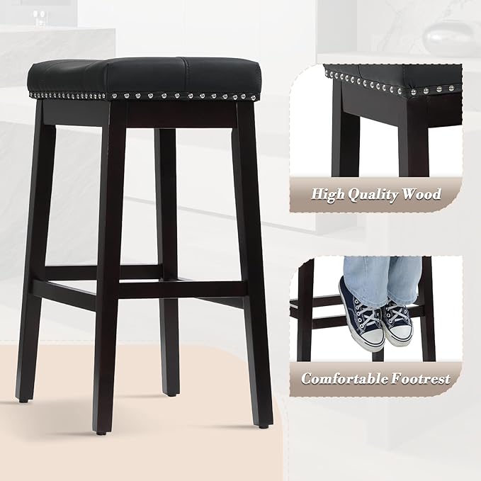 Athena Collection Counter Height Bar Stools Set of 2, 29.5 Inches Backless Saddle Bar Stools with Leather Upholstered and Nailhead Trim, Barstools for Counter, Kitchen Island, Dining Room, Black