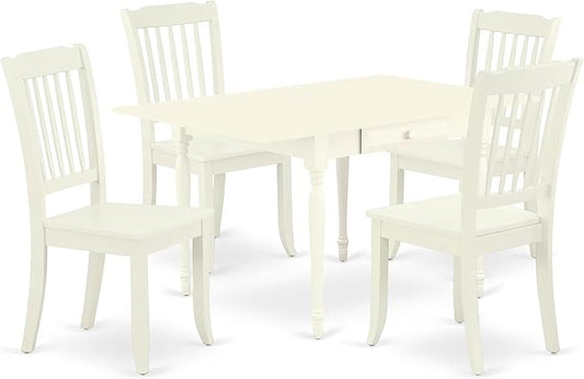 East West Furniture MZDA5-LWH-W 5 Piece Dining Table Set for 4 Includes a Rectangle Kitchen Table with Dropleaf and 4 Dining Room Chairs, 36x54 Inch, Linen White