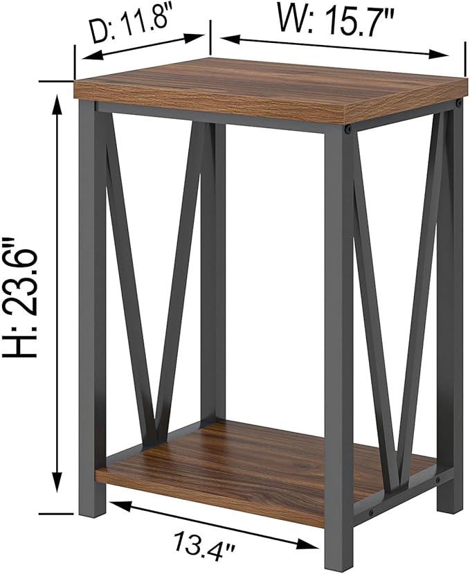 FOLUBAN Small End Table, Rustic Wood and Metal Side Table with Storage, Modern Night Stand for Living Room Bedroom Office, Walnut