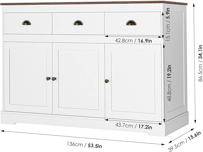 Keyluv White Buffet Cabinet Storage Sideboard Farmhouse Server Bar Wine Cabinet with 3 Drawers & 3 Doors Adjustable Shelves Console Table for Dining Living Room Kitchen Cupboard
