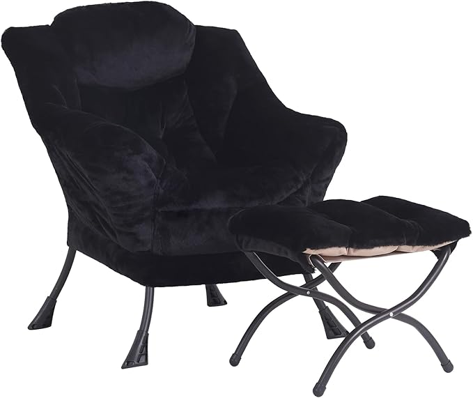 LITA Lazy Chair with Ottoman, Modern Accent Leisure Upholstered Sofa Chair, Lounge Reading Chair with Armrests and a Side Pocket for Living Room, Bedroom & Small Space, Plush Black