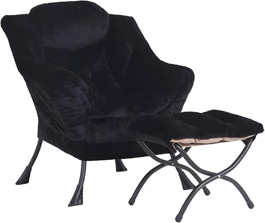 LITA Lazy Chair with Ottoman, Modern Accent Leisure Upholstered Sofa Chair, Lounge Reading Chair with Armrests and a Side Pocket for Living Room, Bedroom & Small Space, Plush Black