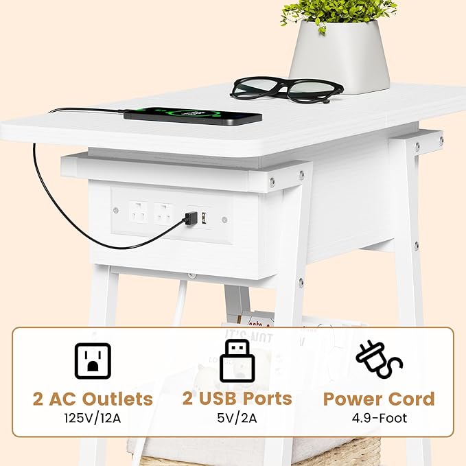 End Table with Charging Station, Flip Top Side Table with USB Ports and Outlets, Bedside Tables for Small Spaces,Nightstand with Storage Shelf for Living Room, Bedroom, White
