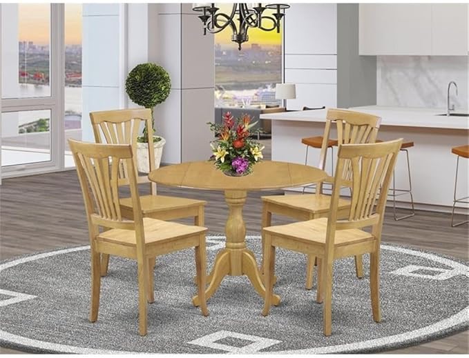 East West Furniture DMAV5-OAK-W 5 Piece Dinette Set for 4 Includes a Round Dining Room Table with Dropleaf and 4 Kitchen Dining Chairs, 42x42 Inch, Oak