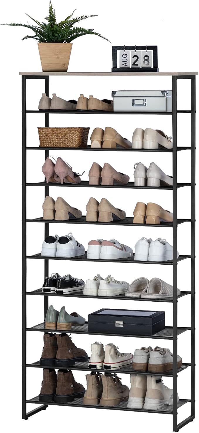 HOOBRO 10-Tier Shoe Rack, 29.5" L Shoe Storage Organizer, Large Capacity Shoe Shelf for Front Door Entrance, Entryway, Hallway, Holds 36-40 Pairs of Shoes, Closet, Greige and Black BG107XJ01