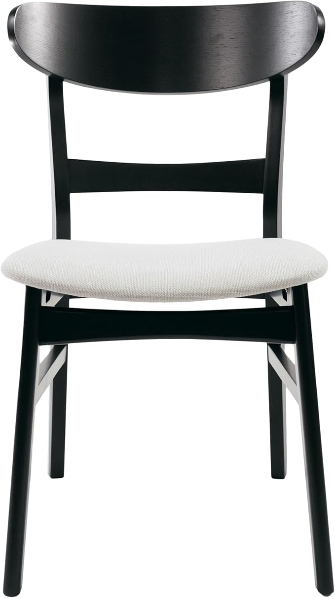 Set of 2 Solid Wood Dining Chairs, Fabric Upholstered Seat Mid-Century Modern Kitchen Furniture for Living Room, Light Beige+Black