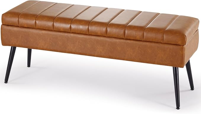 CUYOCA Storage Ottoman Bench, 43.5" Faux Leather Upholstered Entryway Bench, Long Ottoman with Storage for Living Room, Support 660lbs - Cognac Brown