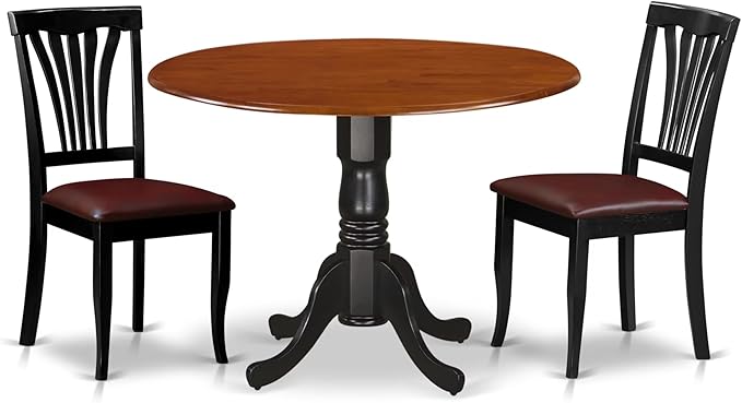East West Furniture DLAV3-BCH-LC 3 Piece Modern Dining Table Set Contains a Round Wooden Table with Dropleaf and 2 Faux Leather Kitchen Dining Chairs, 42x42 Inch, Black & Cherry