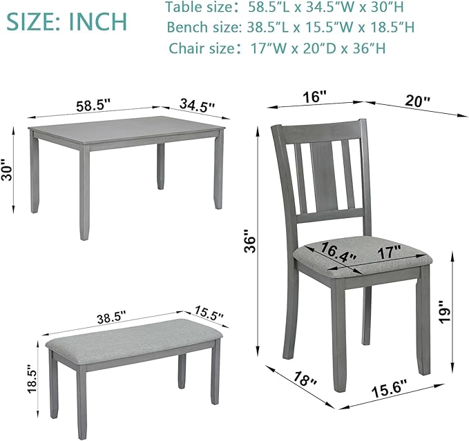 KEIKI 6-Piece Standard Height Dining Table Set with Rectangular Table, 4 Upholstered Slatted Backrset Chair, Bench, for 6 Person, Modern Style Table Set, Easy Assembly, for Kitchen, Dining Room, Gray