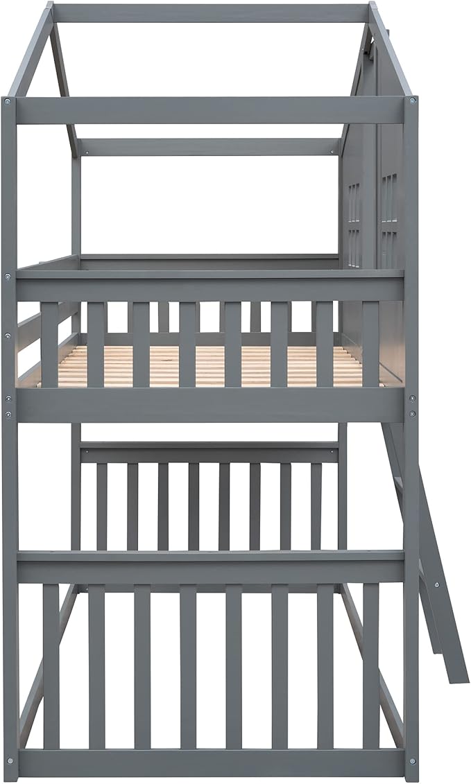 Ball & Cast Twin Over Twin Size House Bunk with Ladder and Window,Wood Bunkbed w/Full-Length Guard Rail & Ladder,Slat Support,Space Saving,Bedroom Furniture for Student Dorms,Gray
