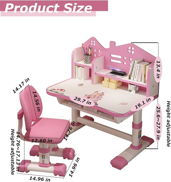 Kids' Table Chair Sets, Kids' Desks Chair, Children Study Desk Writing Table Computer Workstation With Large Storage Drawer And Bookshelf, Height Adjustable Kids Bedroom Furniture ( Color : Pink )
