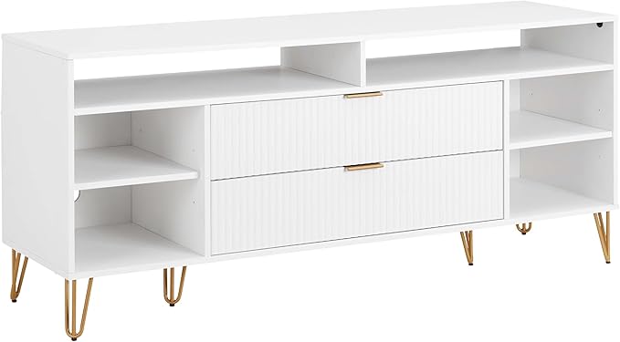 Manhattan Comfort Dumbo Mid Century Modern TV Stand for Televisions up to 60 Inches, Home Entertainment Center with Storage, 6 Shelves, 2 Drawers, No Tool Assembly, 63" Wide, White