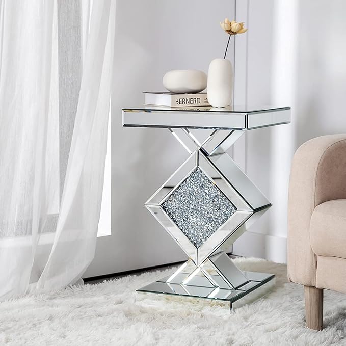 SHYFOY Mirrored End Table, Mirror Accent Side Table with Crushed Crystal Diamond, Finished Small Coffee Table, Glass Bedside Lamp Table, Silver Modern Style Decor for Living Room, Balcony, Bedroom