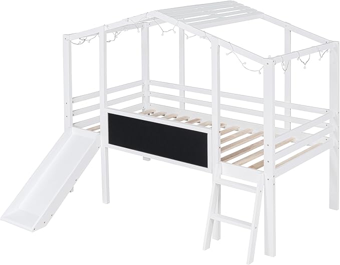 Ball & Cast Twin Size House Loft Bed with Ladder and Slide,Wood Bunkbed w/Blackboard and Light Strip on The Roof,Slat Support,Space Saving,Bedroom Furniture for Student Dorms,White
