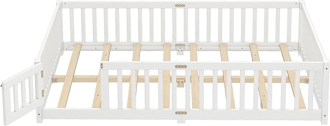 Queen Size Floor Bed Frame with Slats and Safety Guardrail, Wood Queen Size Montessori Floor Bed with Door and Fence, Easy Assemble Montessori Beds for Kids, Girls, Boys, White