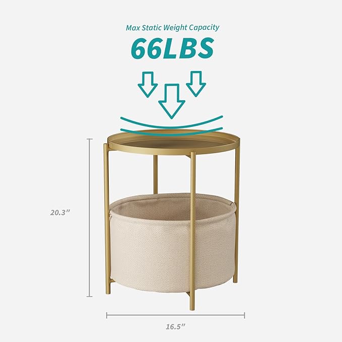 2 Tier Modern Side Table, Round End Table Living Room with Fabric Basket, Small Metal Bedside Nightstand with Removable Tray for Living Room, Bedroom, Office, Gold
