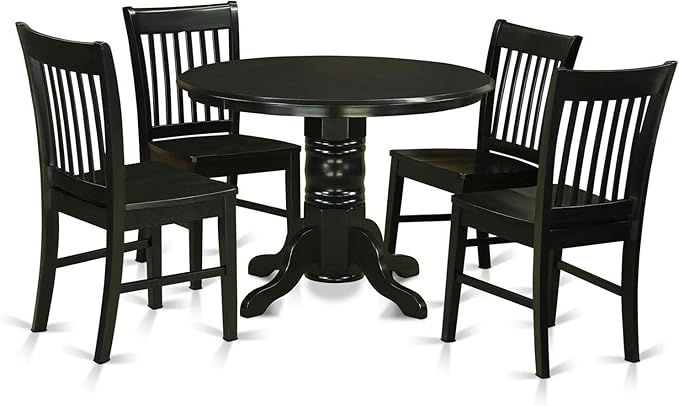 East West Furniture SHNO5-BLK-W 5 Piece Dining Set Includes a Round Dining Room Table with Pedestal and 4 Wood Seat Chairs, 42x42 Inch, Black