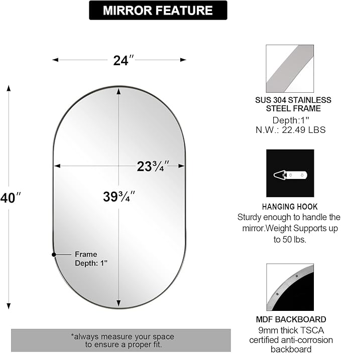 ANDY STAR Rustproof Chrome Oval Mirror for Bathroom, Oval Vanity Mirror for Wall, Polished Chrome Mirror SUS304 Metal Frame Mirror HD Glass Reflection 1’’ Deep Hang Vertically & Horizontally