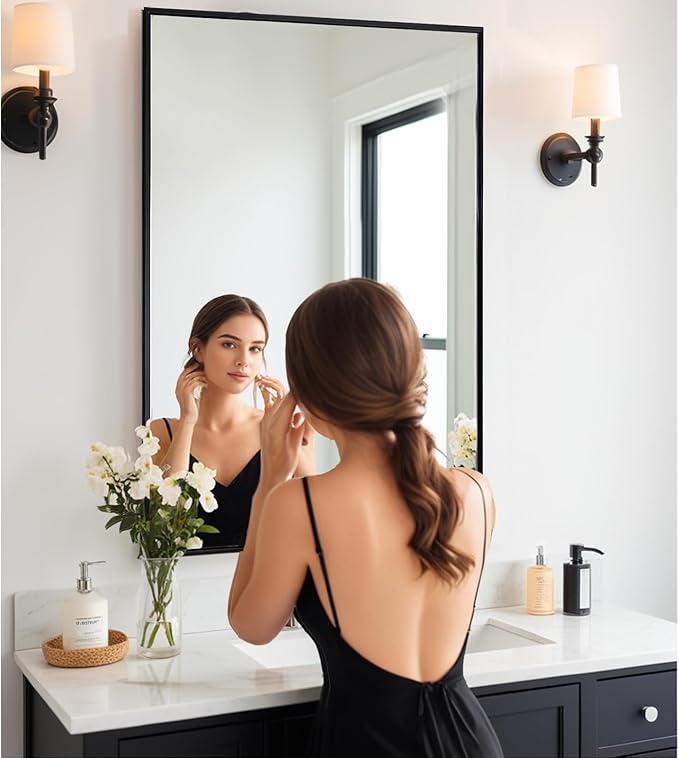 Modern 26"L x 40"W Black Wall Mounted Mirror, Rectangular, Framed, Thickened Stainless Steel Frame, Bathroom Use, Grooming, Home Decor