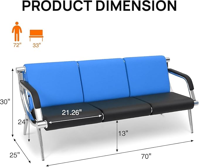 wonline 3 Seat Waiting Room Chair with Armrest PU Leather Office Furniture, Office Guest Seating Lobby Conference Reception Chairs for Airport Clinic Hospital Bank Salon Barber(Blue&Black)