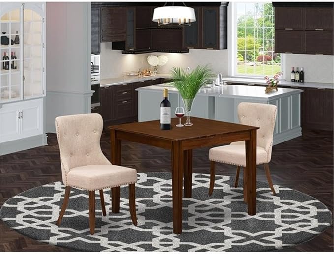 East West Furniture OXSI3-AWA-04 3 Piece Dining Set Includes a Square Dining Room Table and 2 Parson Kitchen Chairs, 36x36 Inch, Antique Walnut