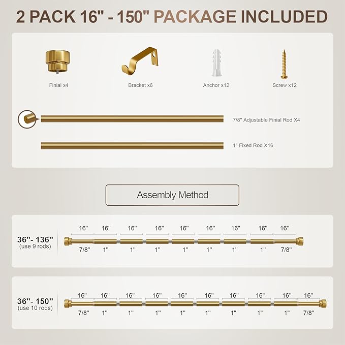 2 Pack Modern Gold Curtain Rods for Windows 72 to 144 Inches Adjustable Heavy Duty 1" Diameter Brass Window Curtain Rod with Solid Metal Finials for Outdoor Farmhouse Bedroom Kitchen Living Room