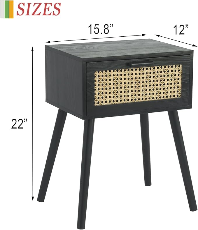 AWASEN Mid Century Modern Nightstand, Rattan Side Table with Drawer, Black Bedside Table with Storage and Solid Wood Legs for Living Room, Bedroom and Small Space (Black)