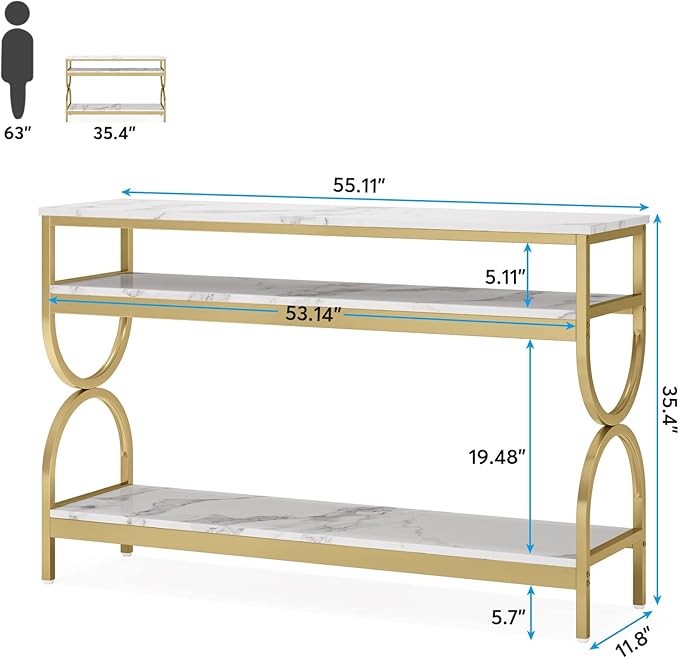 Tribesigns 3-Tier Console Table, 55 inch Sofa Table with Open Storage Shelves, Narrow Long Hallway/Entryway Table with Faux Marble Top for Home Living Room Entryway, White & Gold