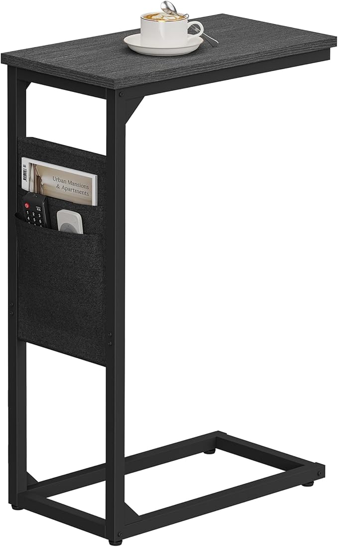 TUTOTAK C Shaped End Table, Side Table for Couch, Sofa Table with Storage Bag, TV Tray for Living Room, Bedroom, Black TB01BK082