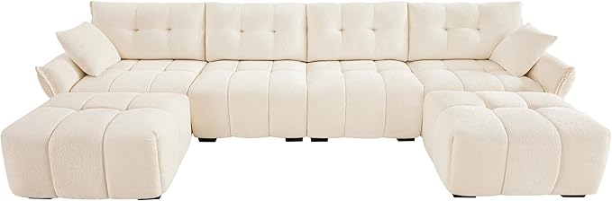 Modern Chenille Fabric 4-Seat Sofa w/Two Ottoman+2 Pillows, Premium Upholstery Living Room Couch with Tufted Backrest & Comfortable Armrests and High-Resilience Memory Foam Cushions,White