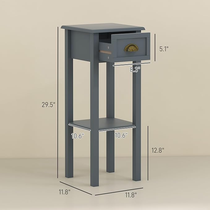 HOMCOM 2-Tier Side Table with Drawer, Narrow End Table with Bottom Shelf, for Living Room, Set of 2, Gray
