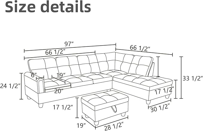 L Shaped Sectional Couches, Leather Couch Modular Sectional Sofa with Ottoman Storage, Modern L Shaped Couch with Chaise for Living Room Bedroom Apartment Furniture, Black