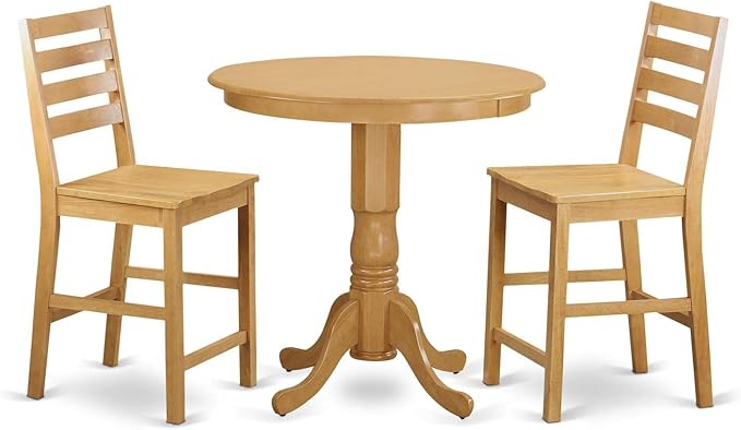 East West Furniture JACF3-OAK-W 3 Piece Counter Height Dining Set for Small Spaces Contains a Round Wooden Table with Pedestal and 2 Kitchen Chairs, 36x36 Inch, Oak