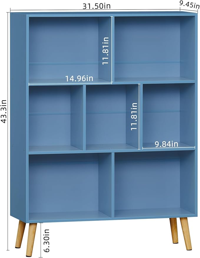 YAHARBO 7 Cube Bookshelf, Blue Kids Book Shelf with Cubby Storage,Wooden Modern Bookcase with Legs,3 Tier Freestanding Display Book Case,Children Toy Organizer,Bookshelves for Office,Nursery,Playroom