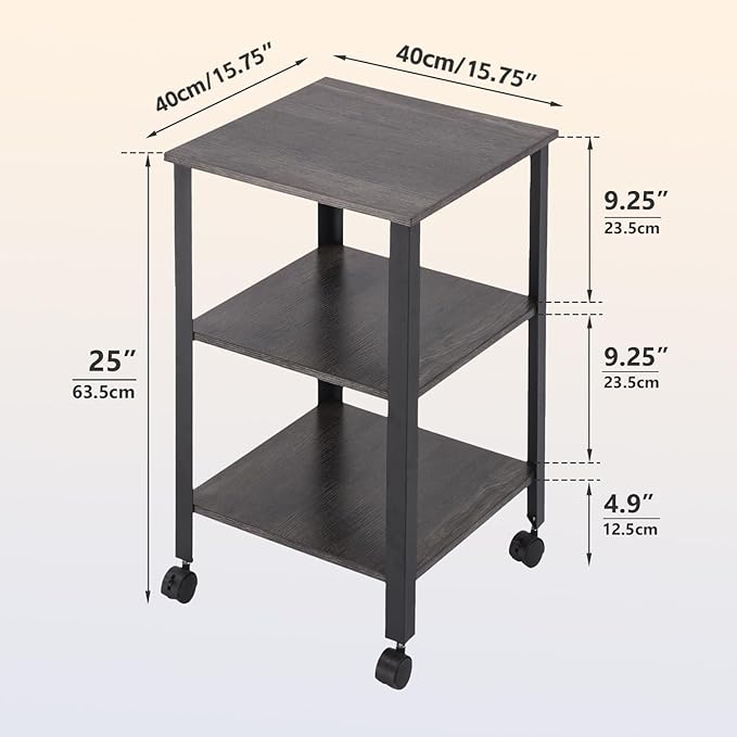 Side Table, End Table with Wheels, Printer Stand with 3-Tier Storage, Bedside Table, Bedroom, Office, Kitchen, Metal Frame, Easy Assembly -Grey