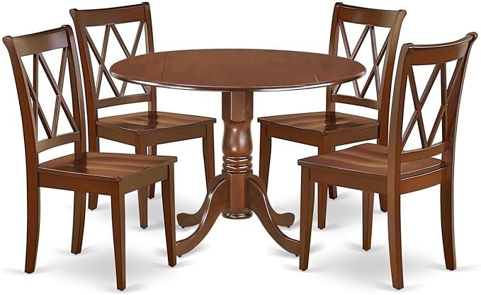 East West Furniture DLCL5-MAH-W 5 Piece Dining Room Table Set Includes a Round Dining Table with Dropleaf and 4 Wood Seat Chairs, 42x42 Inch, Mahogany