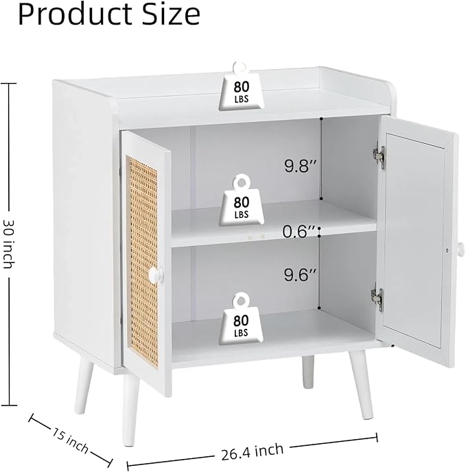 Buffet Cabinet, Rattan Storage Cabinet with Round Pull Rings, Sideboard with Ample Storage, Bar Liquor Shelf with 2 Doors for Living Room, Hallway, White