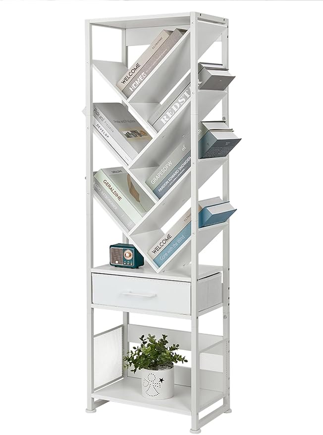 Bookshelf with Drawer,10 Tier Tree Bookcase Retro Floor Standing Bookshelves,Tall Wood Bookcases with Cabinet Storage Organizer for Living Room, Bedroom & Home Office, White