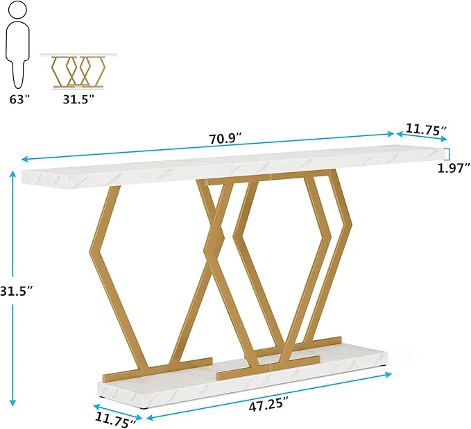 Tribesigns 70.9 Inch Extra Long Sofa Table， White and Gold Console Table with Faux Marble Tabletop, Modern Long Entryway Table with Gold Frame