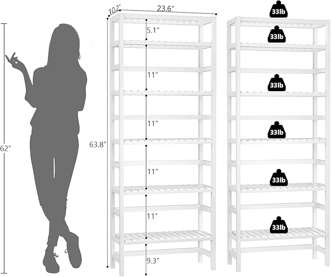 Homykic 6-Tier Bamboo Bookshelves and Bookcases, Adjustable 63.4”Tall Shallow Book Shelf Organizer Rack, Freestanding Storage Shelving Unit for Living Room, Kitchen, Bathroom, Office, White