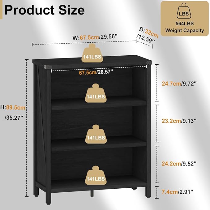 BON AUGURE Small Bookshelf, 3 Tier Black Book Shelf, Farmhouse Storage Bookcase, Short Wooden Book Cases for Small Space, Office, Bedroom, Living Room (Black Oak)