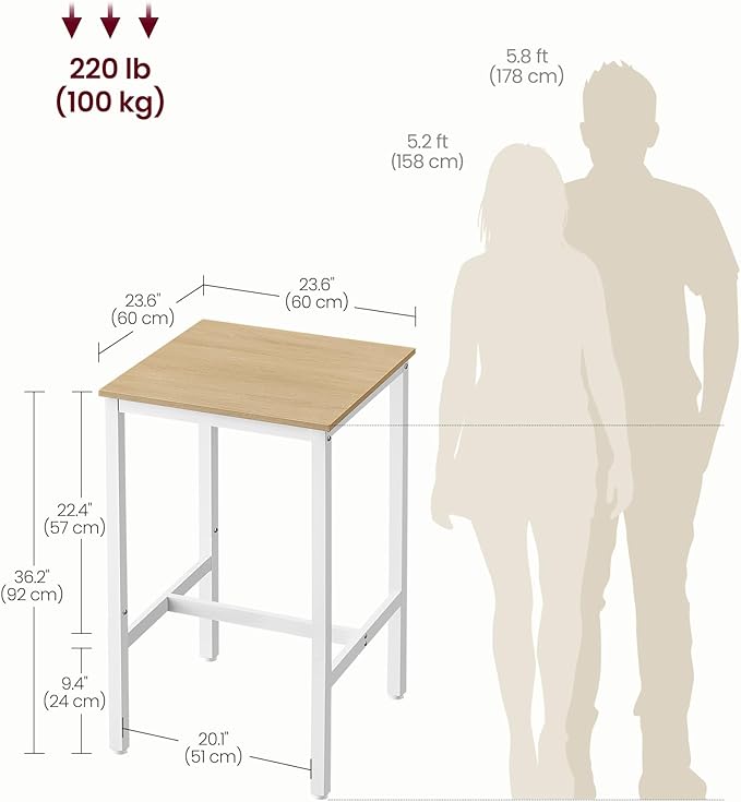 VASAGLE Bar Table, Small Kitchen Dining Table, High Top Pub Table, Height Cocktail Table for Living Room Party, Sturdy Metal Frame, 23.6 x 23.6 x 36.2 Inches for Narrow Spaces, Oak Beige and White